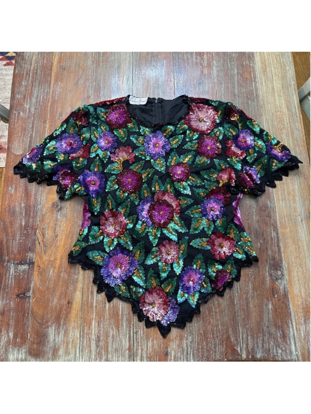 Laurence Kazar Vintage Sequin Floral Blouse Black Small